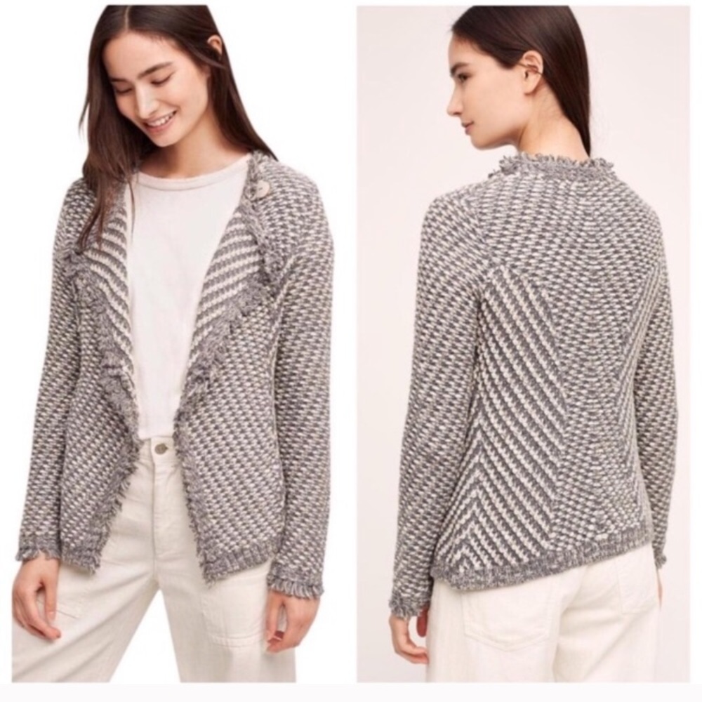 Anthropologie Gray Frayed Open-Front Knit Cardigan